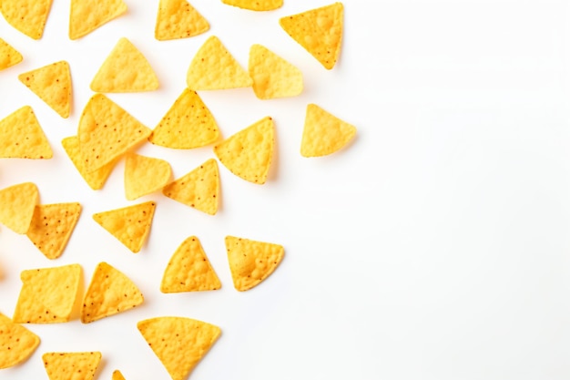 Corn chips of triangular shape levitate on a white background Generative AI