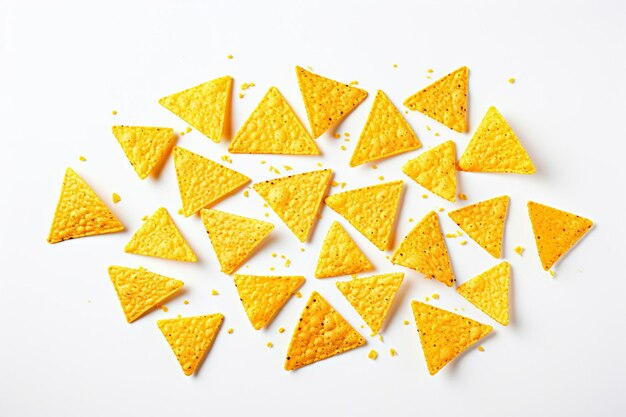 Photo corn chips of triangular shape levitate on a white background