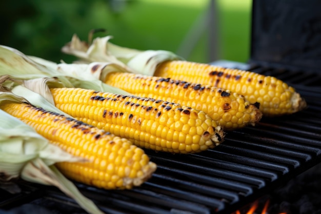 Corn on the cob resting on charcoal grill