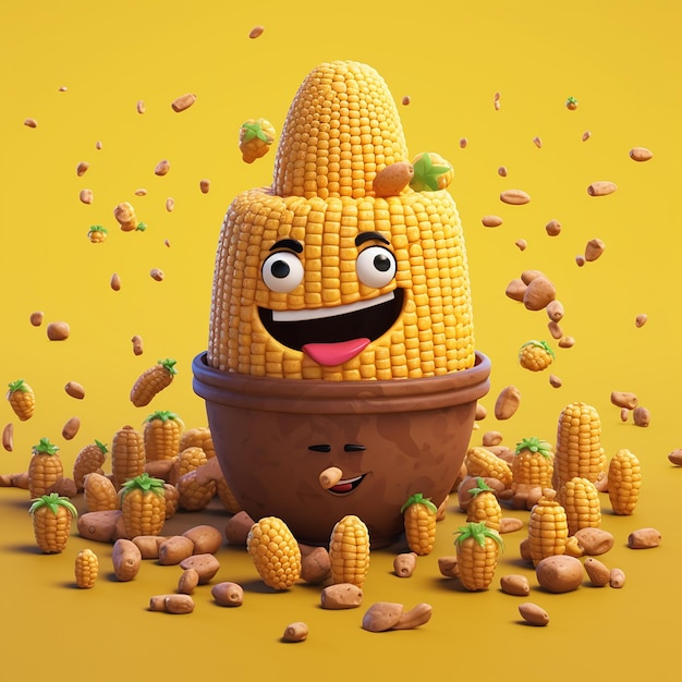 A corn cob with a face and a smiley face is surrounded by corn kernels