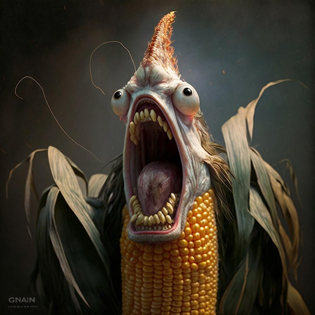 A corn cob with a human face and a mouth that is open and the head is open.