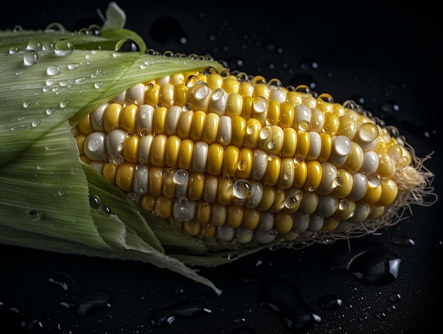 A corn on the cob with water drops on it