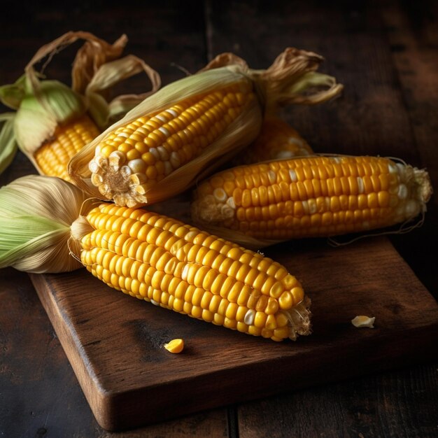 Corn on the cob on a wooden board