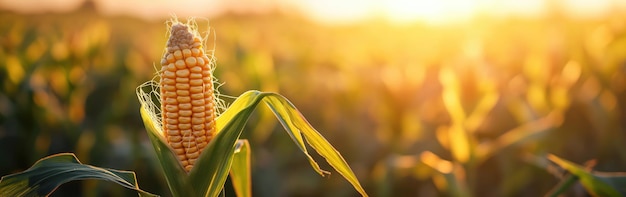 Corn cobs in corn plantation field in sunny day