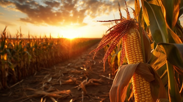 Corn cobs in corn plantation field with sunrise background Generative AI