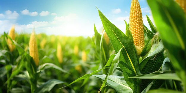 Photo corn cobs in corn plantation field