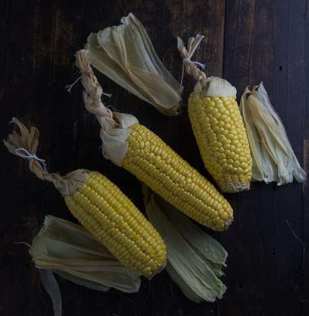 corn cobs in dark wooden background.