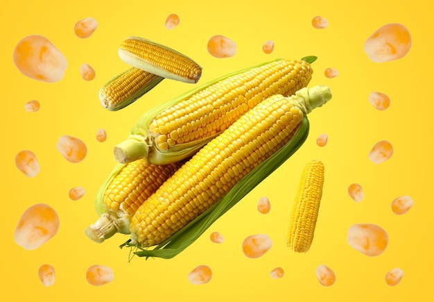 corn cobs surrounded by corn kernels against a bright yellow background creating a vibrant and colorful display