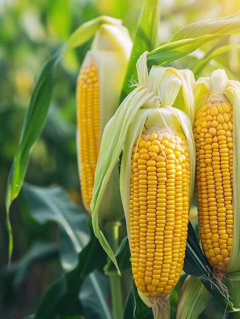 Corn cobs with corn plantation field background Generative AI