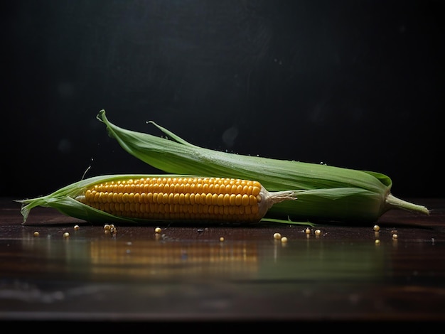 Photo corn cobs with corn plantation on a wooden table