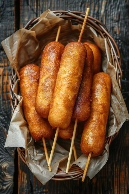 Photo corn dogs on sticks in a basket with a grey cloth