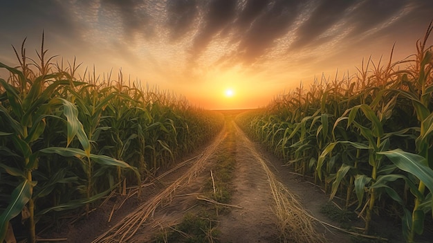 Corn field in the rays of the evening sun the cultivation of natural products AI generated