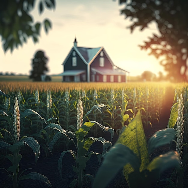 corn field at sunrise view of a farm field generative ai