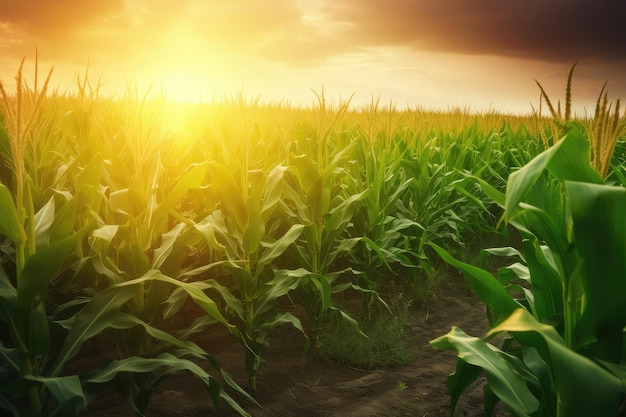 Кукурузное поле на закате Красивая природа, генеративный AI