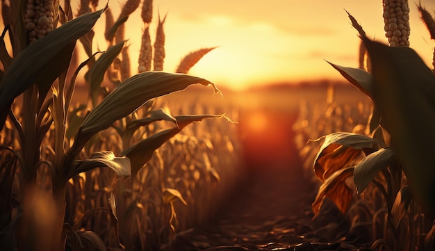 Corn field at sunset Generative AI