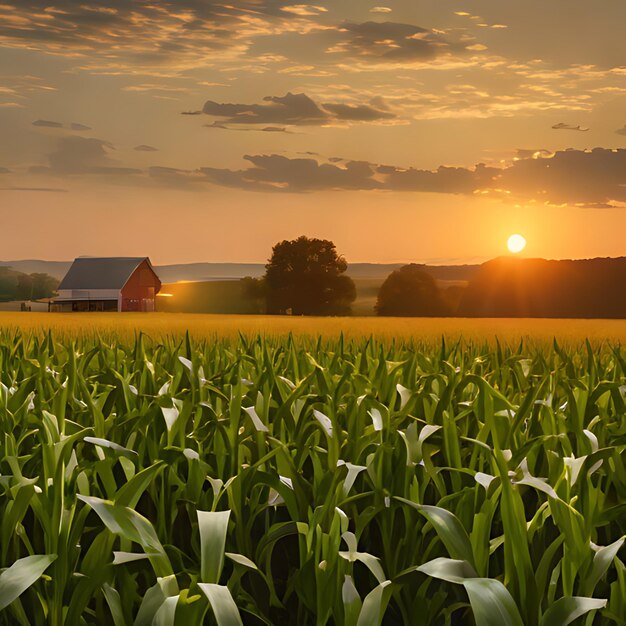 a corn field with a barn and a sunset in the background