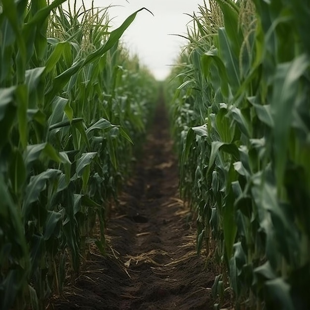 A corn field with a black dirt path and a white sky in the background.