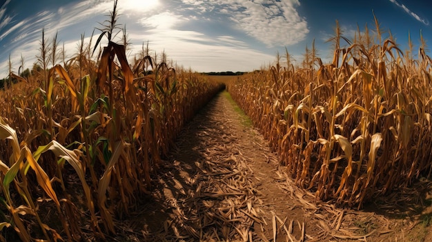 A corn field with a blue sky and the sun shining through it.