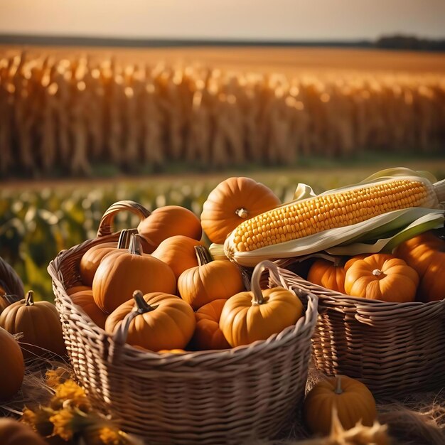 a corn field with corn in the background and corn in the basket