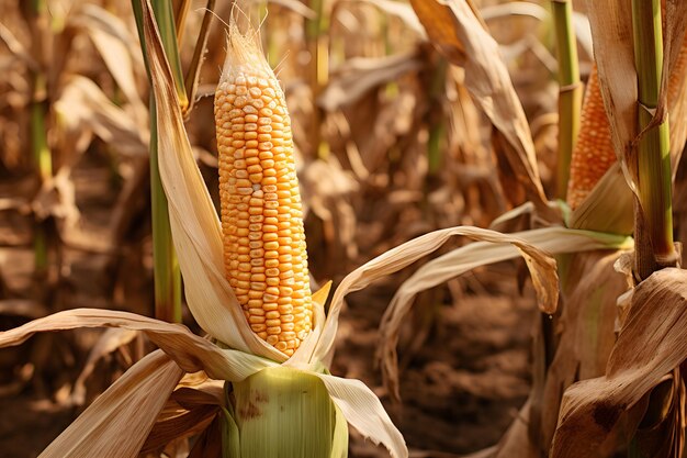 a corn field with a corn on the cob