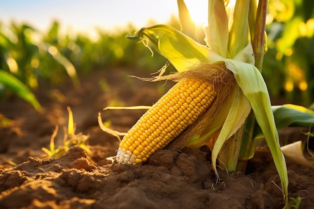 a corn field with a corn on the cob