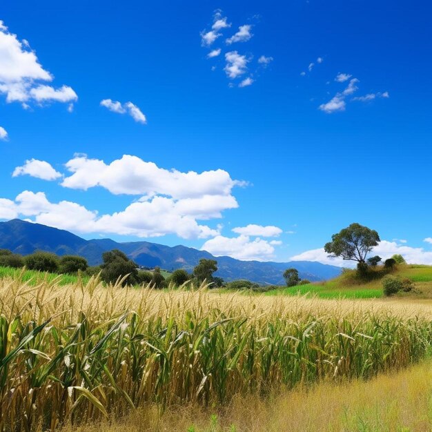a corn field with mountains in the background