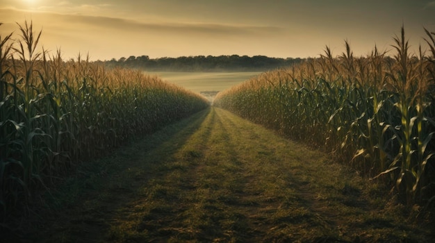 a corn field with a path between it and the sun in the distance