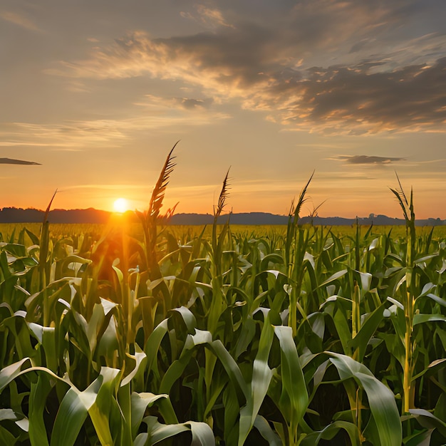 a corn field with the sun setting behind it