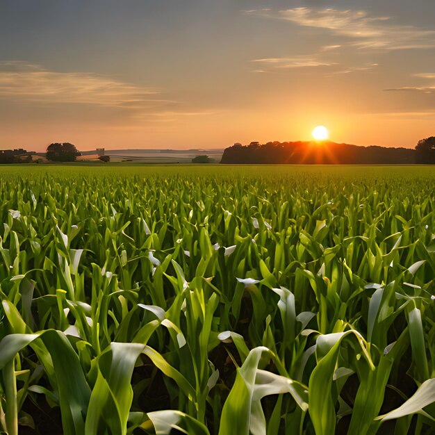 a corn field with the sun setting behind it