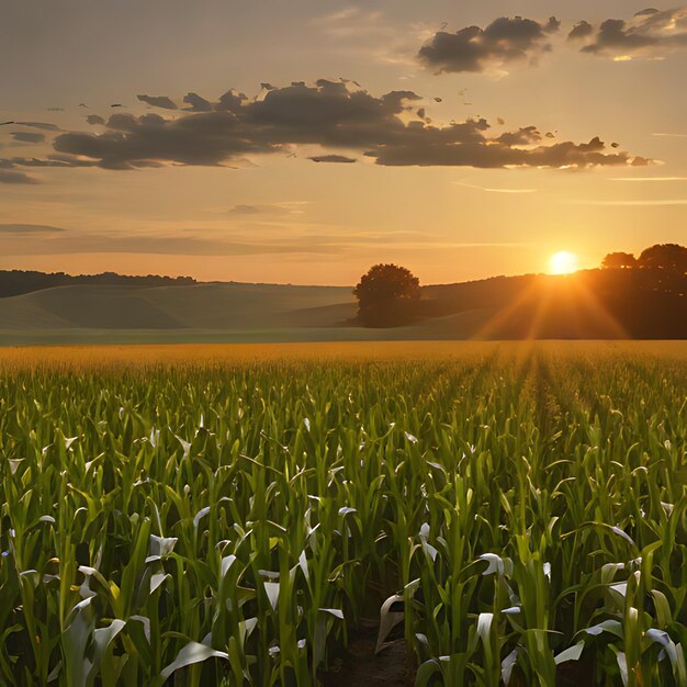 a corn field with the sun setting behind it