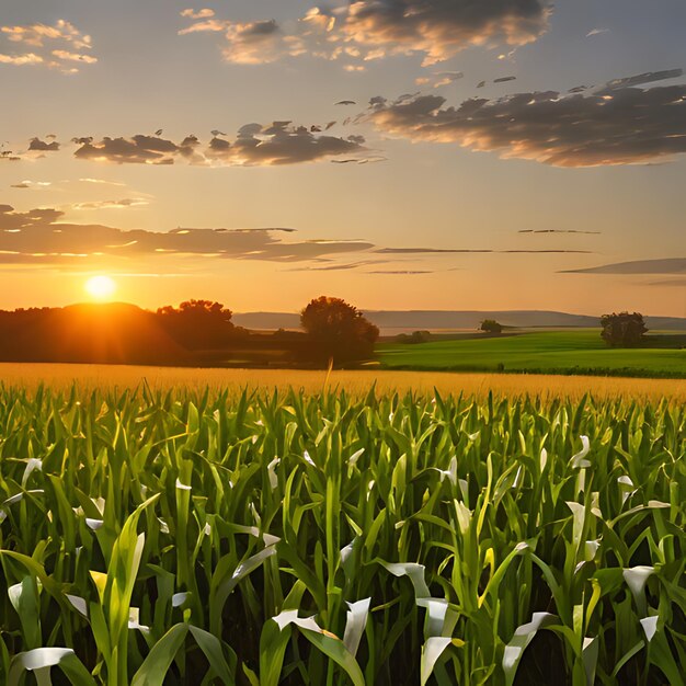 a corn field with the sun setting behind it