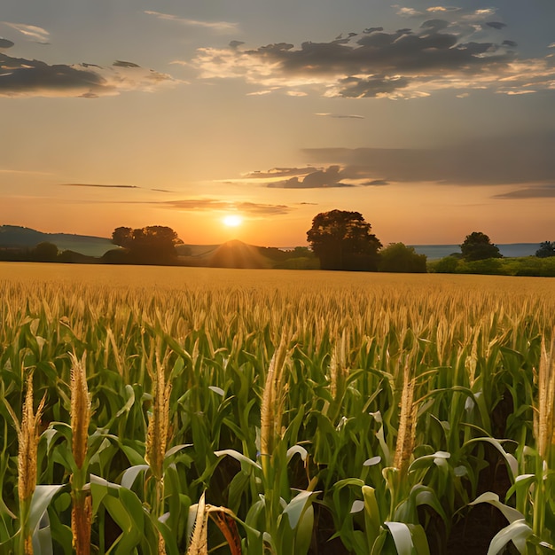 a corn field with the sun setting behind it