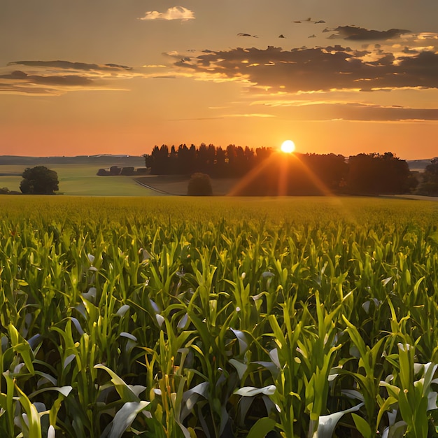 a corn field with the sun setting behind it
