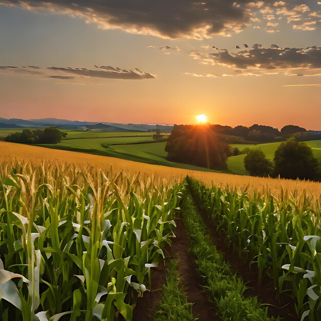 a corn field with the sun setting behind it