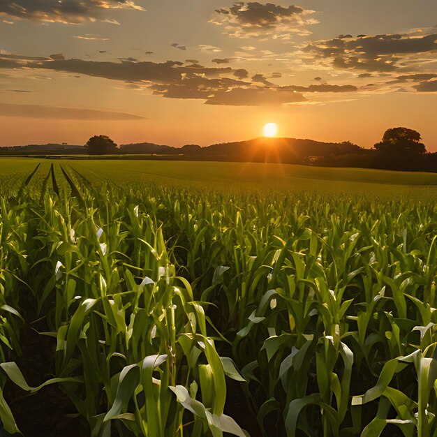 a corn field with the sun setting behind it