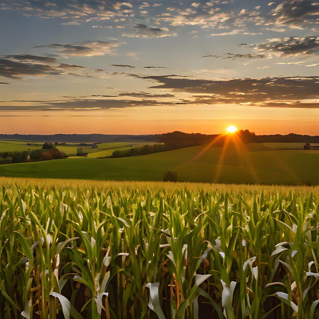 Photo a corn field with the sun setting behind it