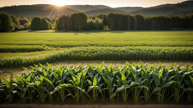 corn field with a sun setting behind it.