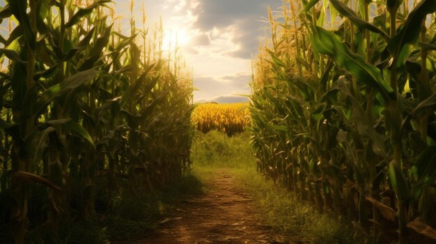 A corn field with the sun shining on it