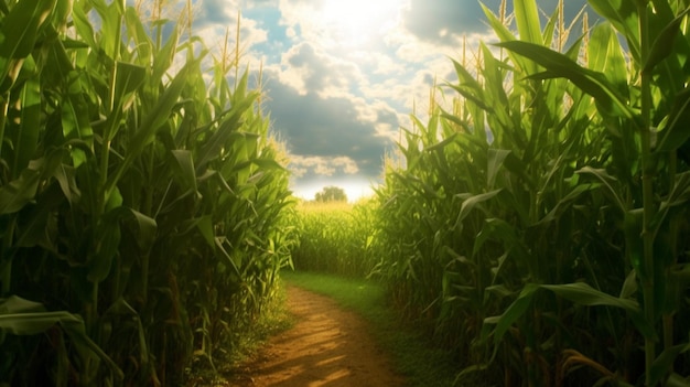 A corn field with the sun shining on it