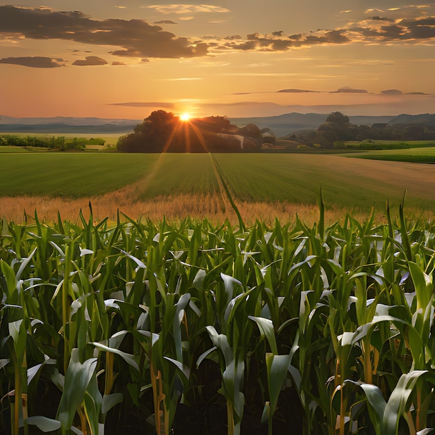 a corn field with a sunset in the background