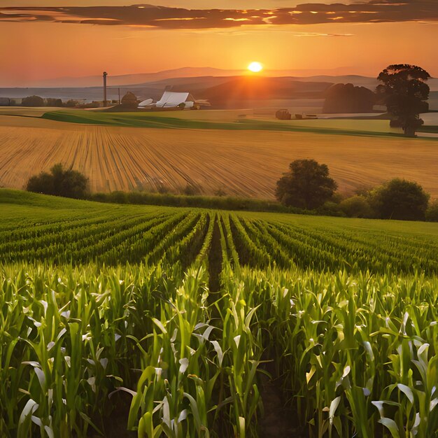 a corn field with a sunset in the background