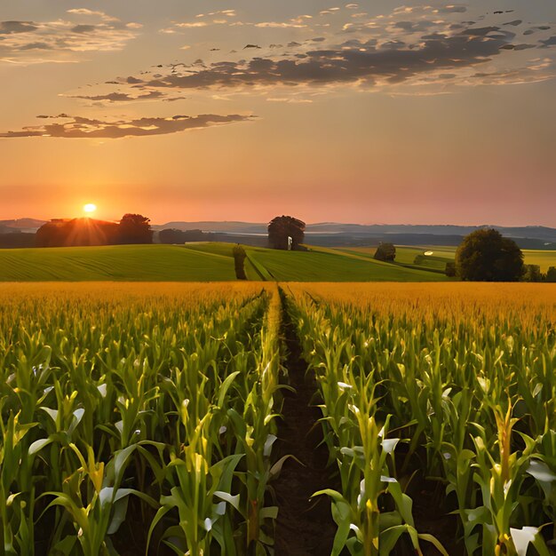 a corn field with a sunset in the background