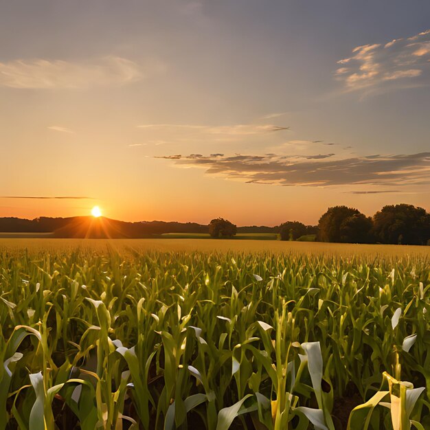 a corn field with a sunset in the background