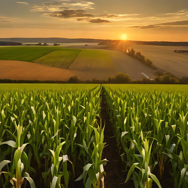 a corn field with a sunset in the background