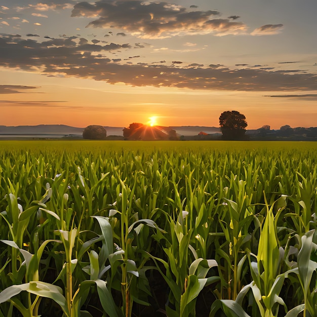 Photo a corn field with a sunset in the background