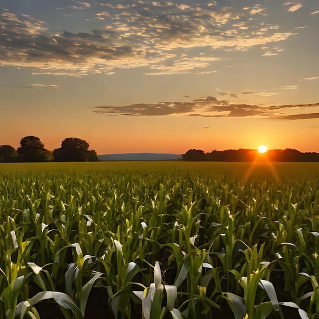 a corn field with a sunset in the background