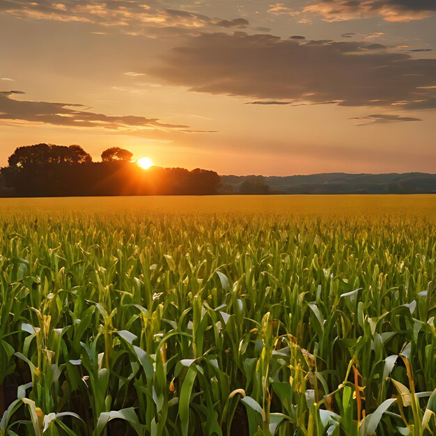 a corn field with a sunset in the background