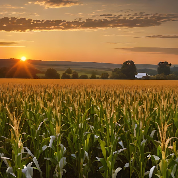 a corn field with a sunset in the background