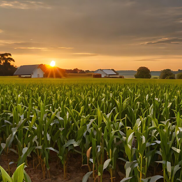 Photo a corn field with a sunset in the background