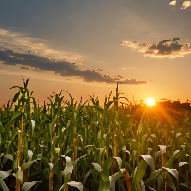 Photo a corn field with a sunset in the background